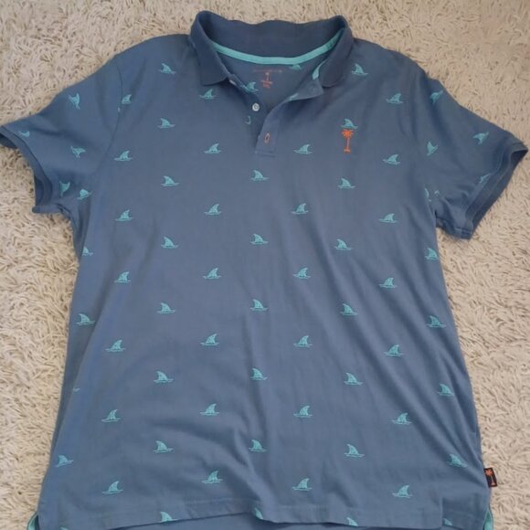 Margaritaville XXL Polo Blue Shark Fin Allover Print Tropical Beach Golf Shirt - Picture 1 of 6